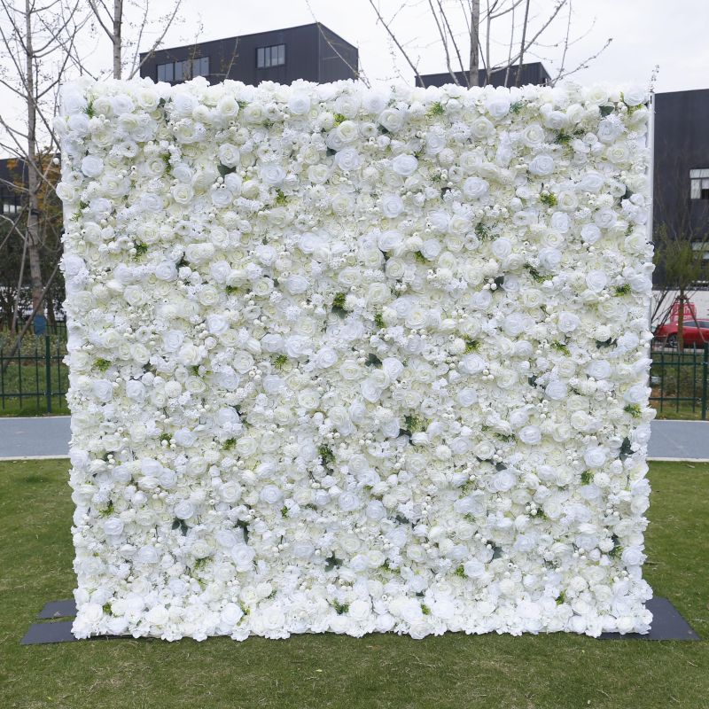 BD085 3D White Rose Artificial Flower Backdrop Rolling Up Curtain Flower Wall - 8ft*8ft