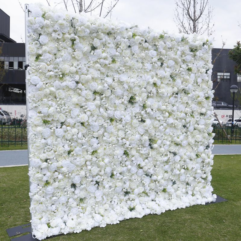 BD085 3D White Rose Artificial Flower Backdrop Rolling Up Curtain Flower Wall - 8ft*8ft