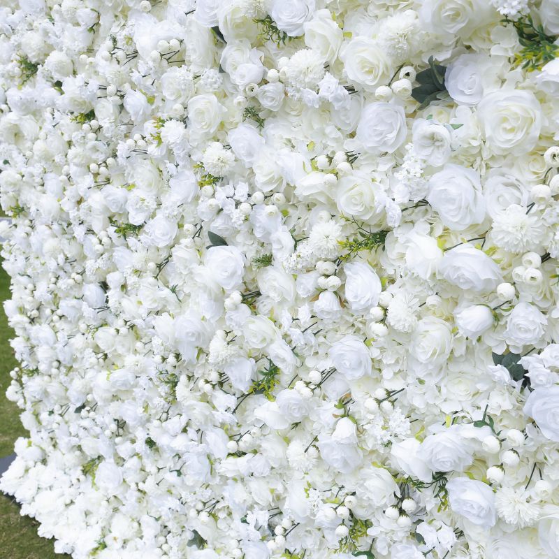 BD085 3D White Rose Artificial Flower Backdrop Rolling Up Curtain Flower Wall - 8ft*8ft