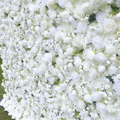 BD085 3D White Rose Artificial Flower Backdrop Rolling Up Curtain Flower Wall - 8ft*8ft