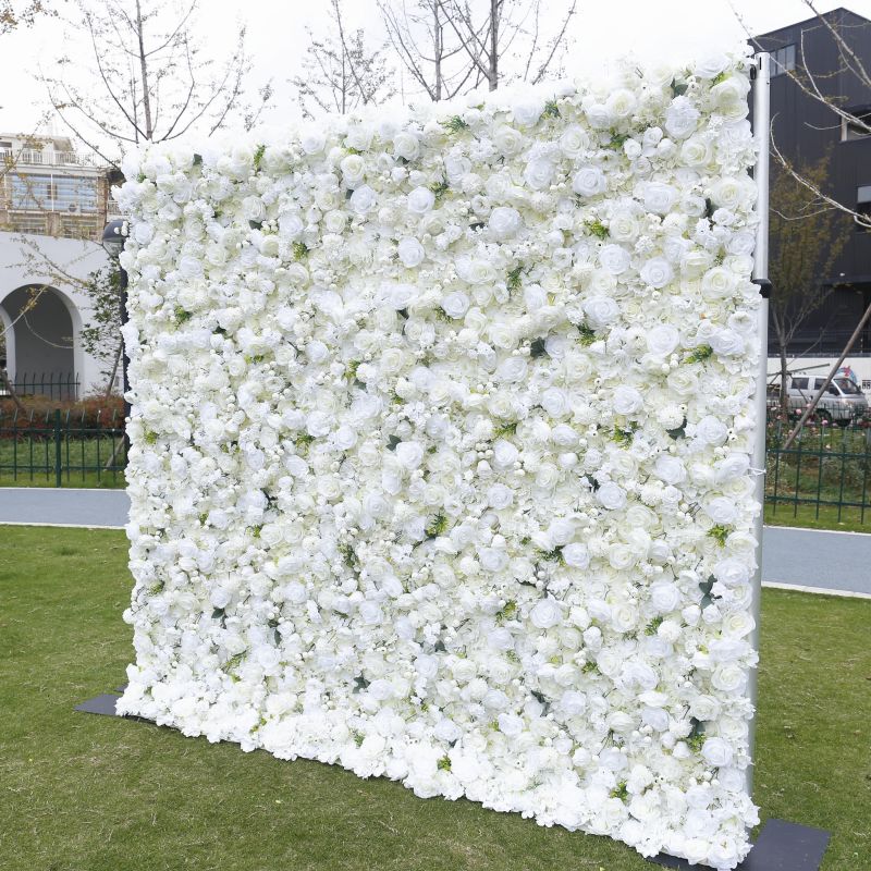 BD085 3D White Rose Artificial Flower Backdrop Rolling Up Curtain Flower Wall - 8ft*8ft