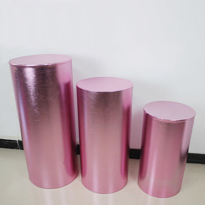 Silver Metallic Shiny Cylinder Plinth Stand Cover Set - 3 Pieces