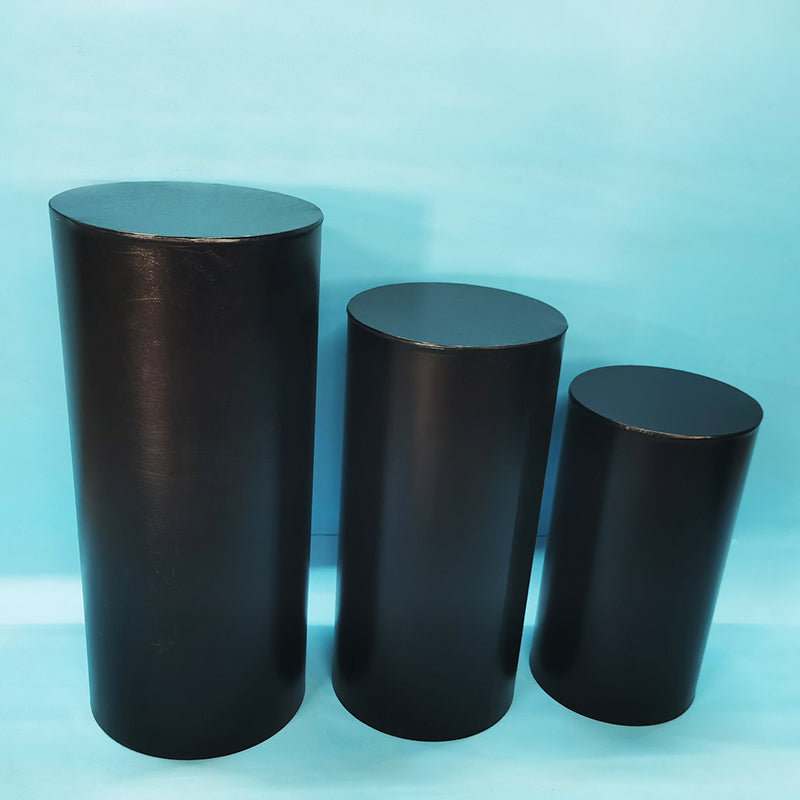 Black Metallic Shiny Cylinder Plinth Stand Cover Set - 3 Pieces