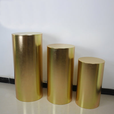 Silver Metallic Shiny Cylinder Plinth Stand Cover Set - 3 Pieces