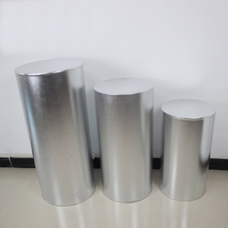 Silver Metallic Shiny Cylinder Plinth Stand Cover Set - 3 Pieces