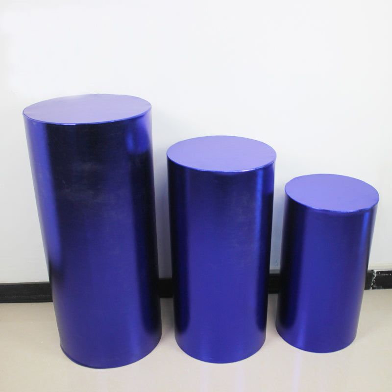 Blue Metallic Shiny Cylinder Plinth Stand Cover Set - 3 Pieces