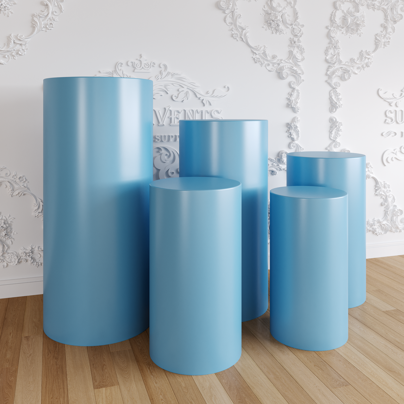 Blue Metal Cylinder Round Plinths Set - 5 Pieces