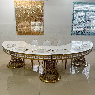 Gold Stainless Steel Half Round Dining Table - White