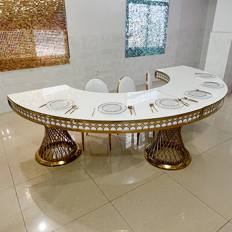 Gold Stainless Steel Half Round Dining Table - White