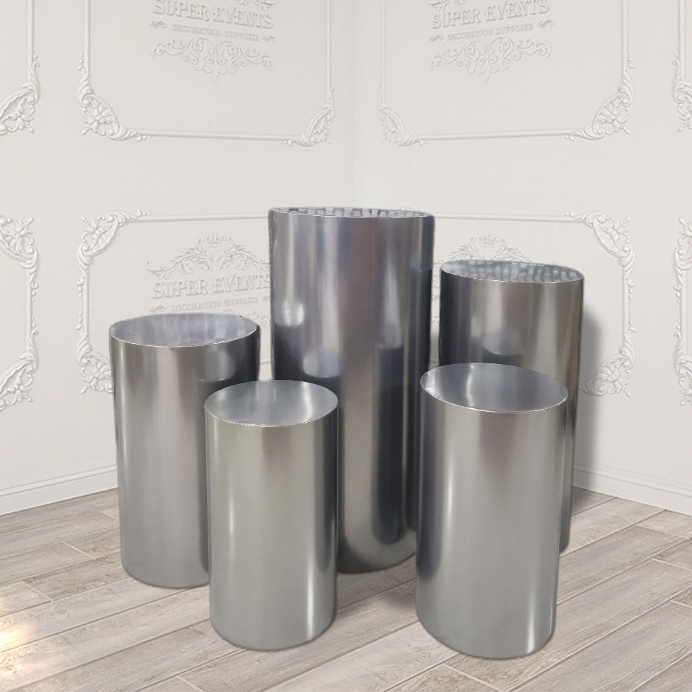 Silver Metal Cylinder Round Plinths Set - 5 Pieces