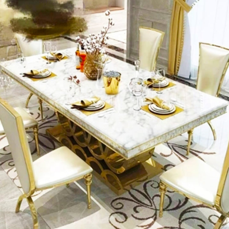 Gold Stainless Steel Rectangle Dining Table - White