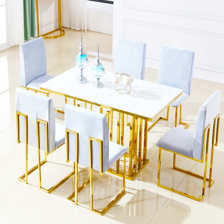 Gold Stainless Steel Rectangle Dining Table - White