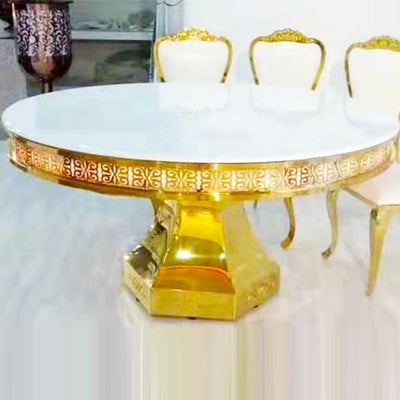 Gold Stainless Steel Round Dining Table - White