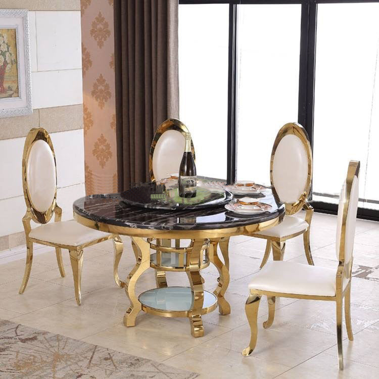 Gold Stainless Steel Round Dining Table - White