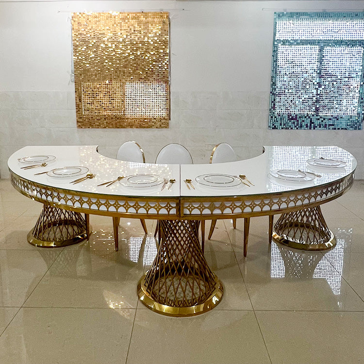 Gold Stainless Steel Half Round Dining Table - White