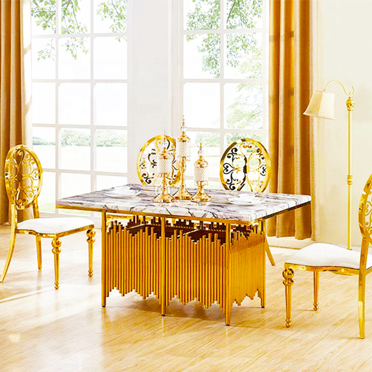 Gold Stainless Steel Rectangle Dining Table - White