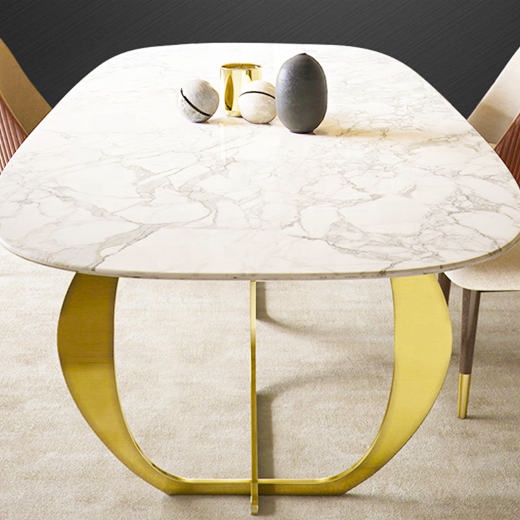 Gold Stainless Steel Rectangle Dining Table - White