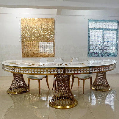 Gold Stainless Steel Half Round Dining Table - White