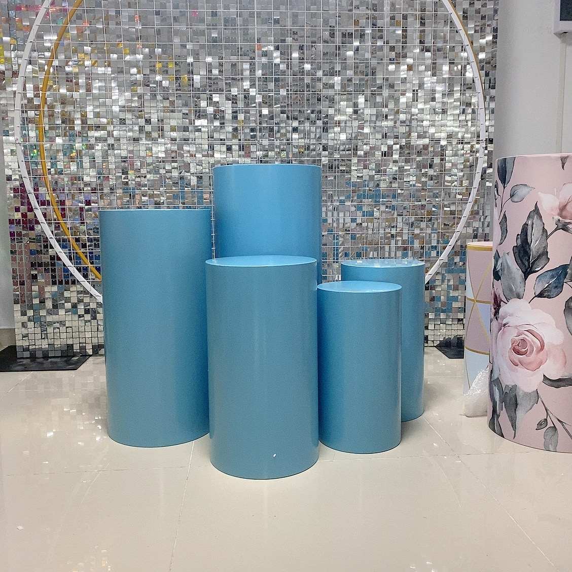 Blue Metal Cylinder Round Plinths Set - 5 Pieces