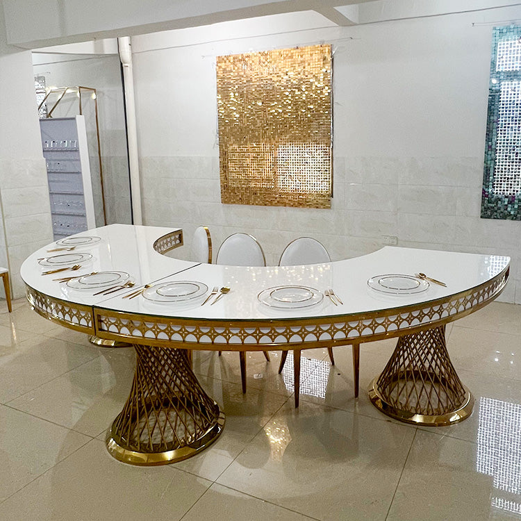 Gold Stainless Steel Half Round Dining Table - White