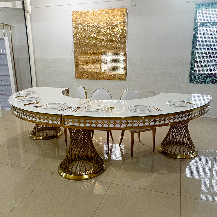 Gold Stainless Steel Half Round Dining Table - White