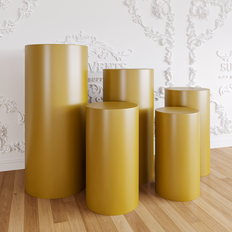 Gold Metal Cylinder Round Plinths Set - 5 Pieces