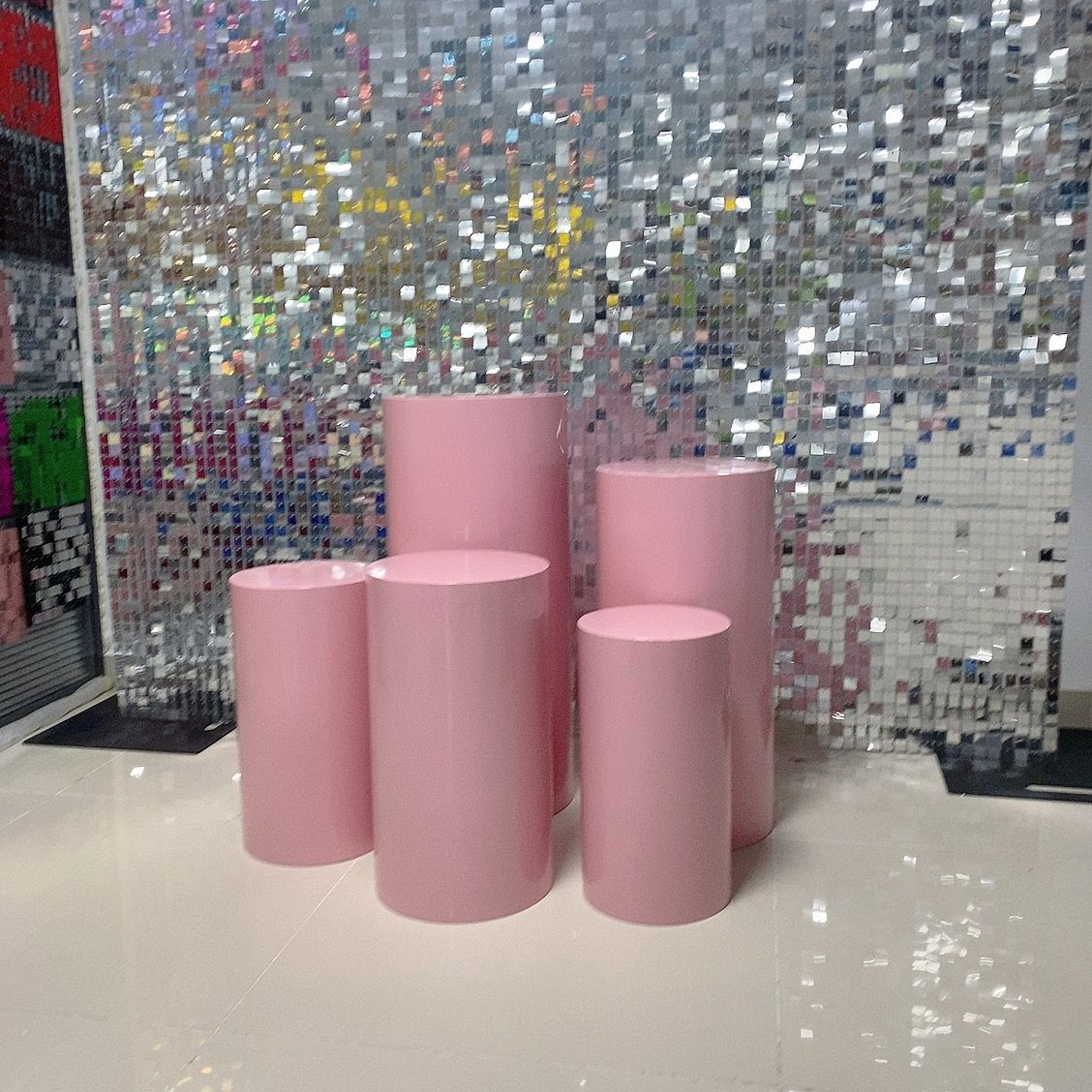 Pink Metal Cylinder Round Plinths Set - 5 Pieces